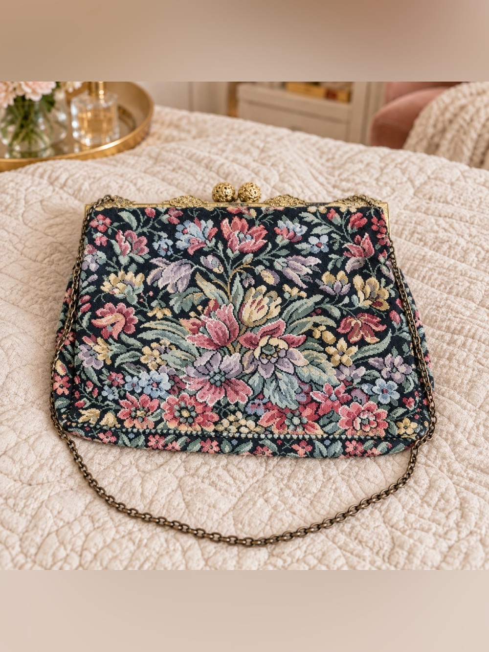 Vintage Floral Tapestry Crossbody Bag with Gold Frame